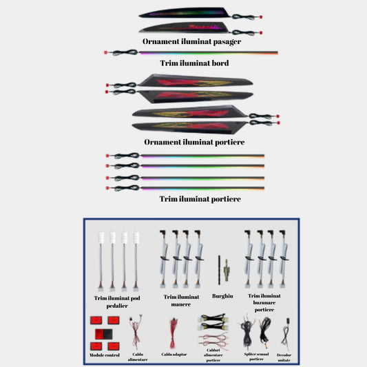 Lumini ambientale dedicate Maserati Levante 2016-2022, RGB Acrilice 22 in 1 Dinamice cu efect symphony, Control din Aplicatie Bluetooth, Control din unitatea originala