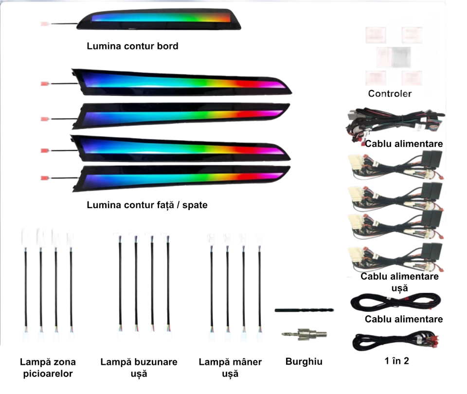 Lumini ambientale dedicate Audi Q5 8R 2008-2017, RGB Acrilice 18 in 1 Dinamice cu efect symphony, Control din Aplicatie Bluetooth / Buton