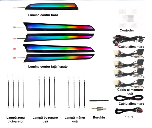 Lumini ambientale dedicate Audi Q5 8R 2008-2017, RGB Acrilice 18 in 1 Dinamice cu efect symphony, Control din Aplicatie Bluetooth / Buton