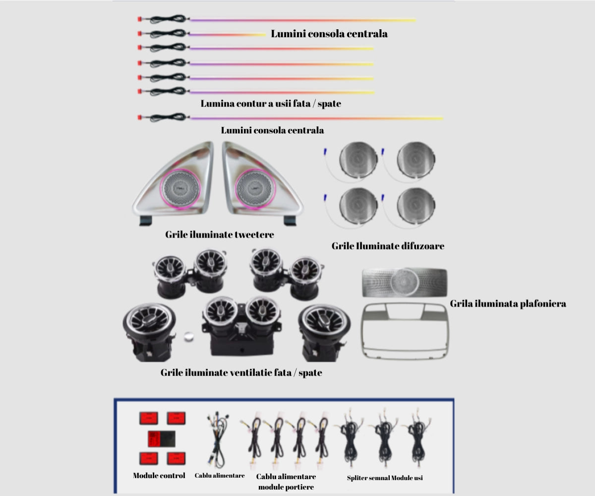 Lumini ambientale dedicate Mercedes-Benz E CLASS W213 2017-2023, RGB Acrilice 21 in 1 Dinamice cu efect symphony, Control din Aplicatie Bluetooth