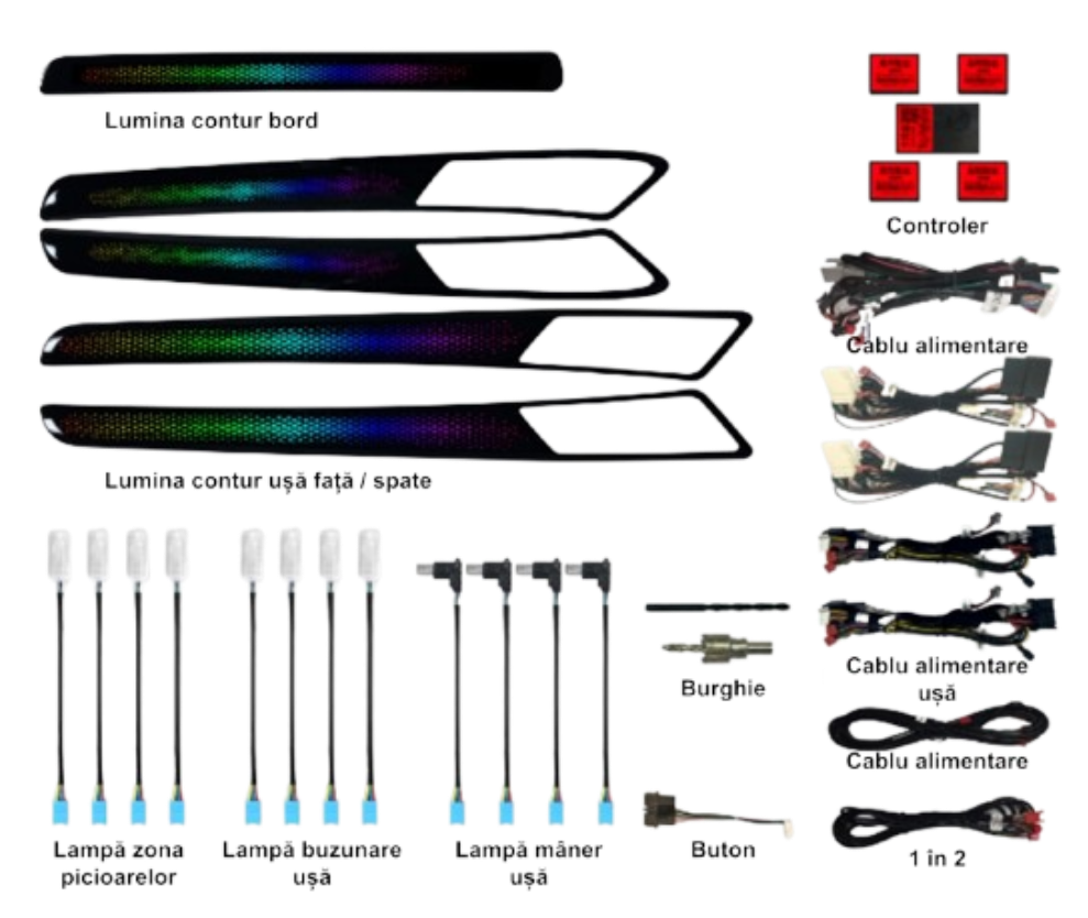 Lumini ambientale dedicate Volkswagen Golf 7 2012-2020, RGB Acrilice 18 in 1 Dinamice cu efect symphony, Control din Aplicatie Bluetooth / Buton