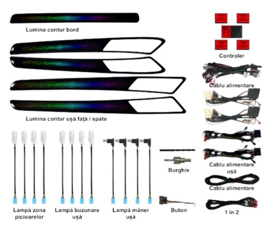 Lumini ambientale dedicate Volkswagen Golf 7 2012-2020, RGB Acrilice 18 in 1 Dinamice cu efect symphony, Control din Aplicatie Bluetooth / Buton
