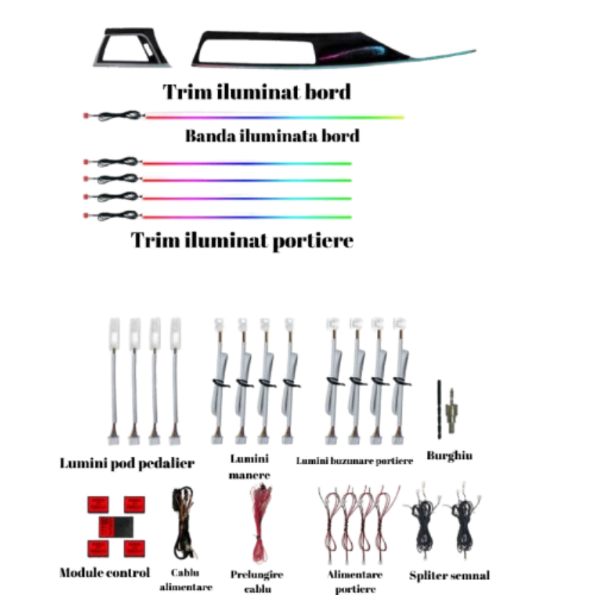 Lumini ambientale dedicate Bmw Seria 3 F30 2011-2019, RGB Acrilice 22 in 1 Dinamice cu efect symphony, Control din Aplicatie Bluetooth / Buton